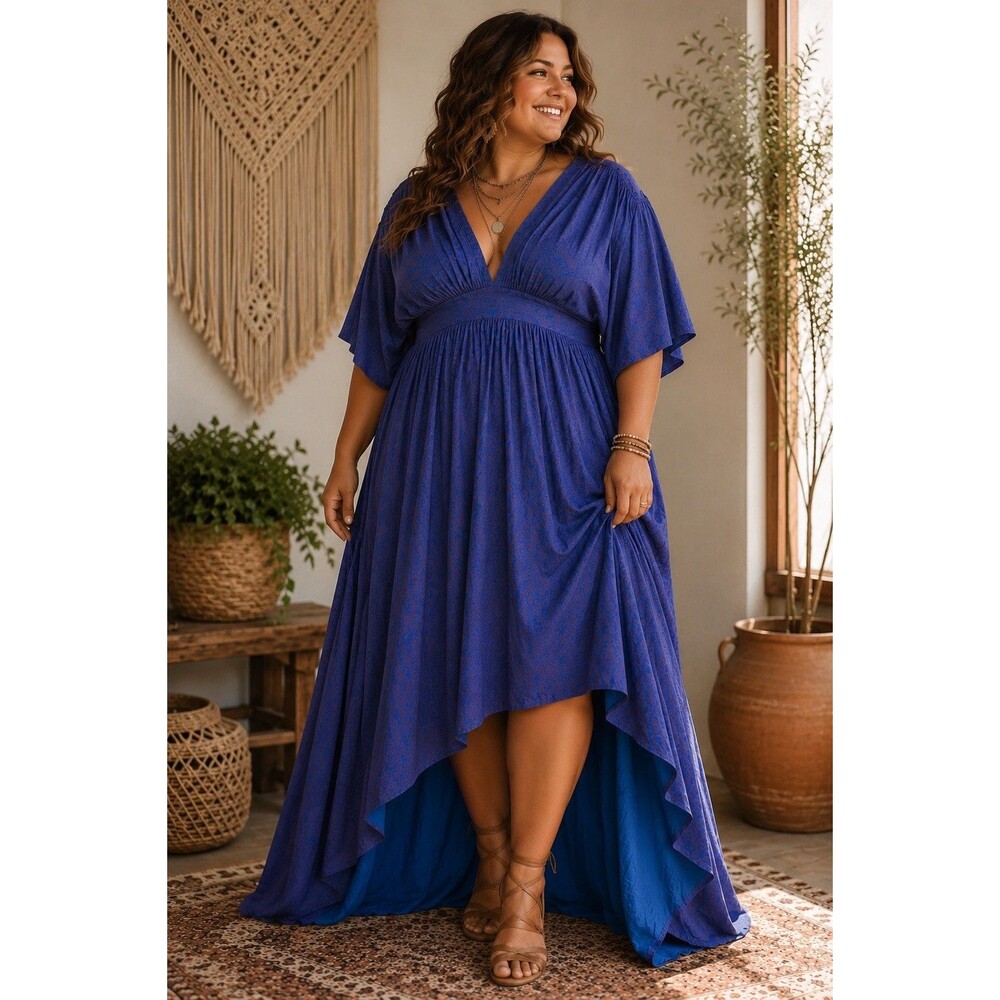 Band of Gypsies 3X Boho High-Low Maxi Dress Blue Red Paisley Deep V Empire Waist